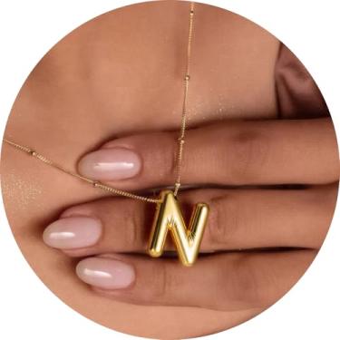 Imagem de Colar feminino com inicial de aço inoxidável banhado a ouro 18K, pingente de letra bolha de A a Z, joia personalizada do alfabeto fofo de A a Z, 18+2in, Aço inoxidável, Sem Pedra Preciosa