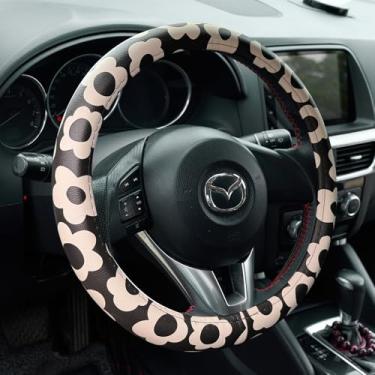 Imagem de Capa de volante de couro de microfibra 37-38 cm, design floral preto, borracha antiderrapante, ajuste universal para carros, caminhões, SUVs (preto)