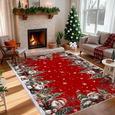 Imagem de cusugbaso Tapete de Natal 12 x 18 cm, Papai Noel e boneco de neve, tapete vermelho para Natal, lavável, antiderrapante, para sala de estar, quarto (borda branca)