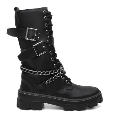 Imagem de Coturno Feminino Gótico, Bota Cano Alto Preta com Correntes e Fivelas, Sola Tratorada, Material Sintético, Estilo Rock Urbano, Fechamento com Zíper Lateral (Preto, Único, BR, Adulto, Numérico, 37)