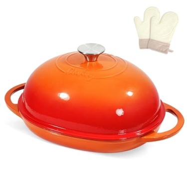 Imagem de Davivy Forma oval de ferro fundido com tampa de 6 qt, forno holandês para pão de fermento, assadeira antiaderente de ferro fundido com tampa, com tapete de silicone - laranja chama