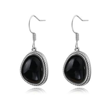 Imagem de Brincos femininos de quartzo rosa/ônix preto/turquesa de cobre, turquesa, brincos de aço inoxidável com pingente de pedra preciosa, Aço inoxidável, Ônix