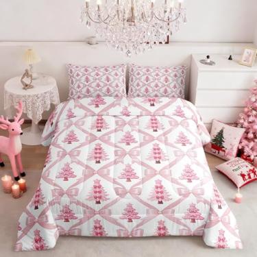 Imagem de Manfei Conjunto de edredom de árvore de Natal, conjunto de cama casal com laço rosa com laço de princesa cruzado, para crianças, inverno, ano novo, romântico, Natal, edredom de plumas, rosa, branco, 3