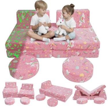 Imagem de MeMoreCool Sofá infantil modular de unicórnio rosa que brilha no escuro, sofá infantil conversível de 8 peças para sala de jogos