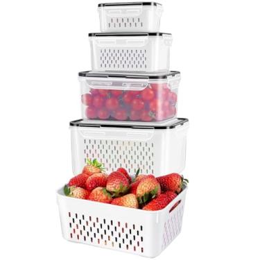 Imagem de Recipientes Organizadores de Geladeira com Escorredor Removível – Potes Herméticos para Frutas, Legumes e Carnes – Livre de BPA, Empilháveis, Laváveis na Lava-Louças (Kit 4)