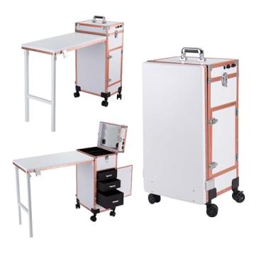 Imagem de Gdsshuhung Mesa de manicure profissional e estação de unhas – mesa de unhas dobrável com espelho de LED, 3 gavetas e trava TSA - grande organizador de cosméticos para armazenamento (ouro branco)