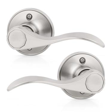 Imagem de Probrico Pacote com 2 maçanetas de porta de níquel acetinado escovado, estilo onda, maçanetas de porta direita e esquerda, conjunto de maçanetas sem giro, para lavanderia, corredor, armário