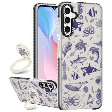 Imagem de Boaretiu Capa fofa Kawaii para Samsung Galaxy A15 5G com suporte - Design de suporte de anel giratório adesivo de 360° para mulheres meninas femininas para Samsung Galaxy A15 5G, peixes marinhos