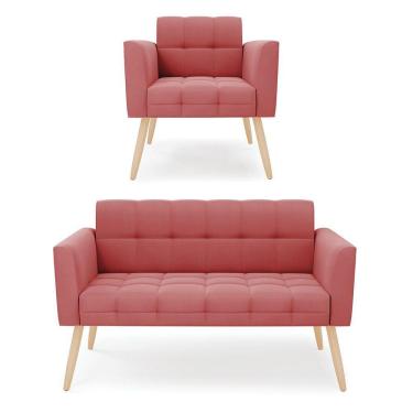 Imagem de Kit 1 Sofá Namoradeira E 1 Poltrona Elisa Suede Pés Palito Natural - D'rossi Cor Rose