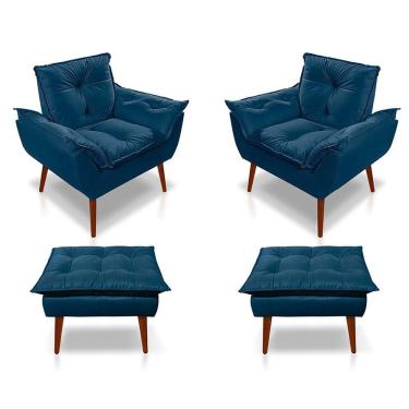 Imagem de Kit C/02 Poltronas Opala + 02 Puffs Opala Elegante Suede Azul Marinho