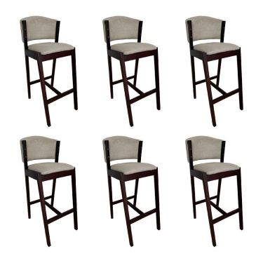 Imagem de Kit 6 Banquetas Alta De Madeira Maciça Castanho Premium Ana Com Encosto Linho Bege - Cor: Bege