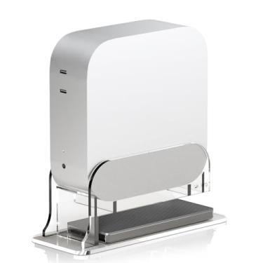Imagem de Likesing Suporte de mesa vertical de acrílico transparente para Mac mini M4/M4 Pro 2024, suporte para Mac mini M4 com compartimento de armazenamento externo, acesso conveniente ao botão liga/desliga