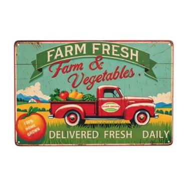 Imagem de Placa de metal vintage de estanho de frutas e legumes frescos - Decoração de arte de parede rústica para cozinha, bar, caverna masculina, garagem, quintal - Sinalização de lata retrô de 30 x 20 cm