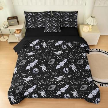 Imagem de Yadangxiawa Jogo de cama infantil com 6 peças, tamanho Queen, para adolescentes, 1 colcha + 1 lençol de cima + 1 lençol com elástico + 2 fronhas + 1 capa de almofada (Space-I Queen)