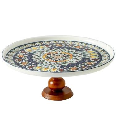 Imagem de Suporte de bolo de cerâmica com elegante pé curvado de madeira, suporte de sobremesa versátil de 25,4 cm, conjunto de exibição de mesa de sobremesa 2 em 1 e tábua de charcutaria para aniversário