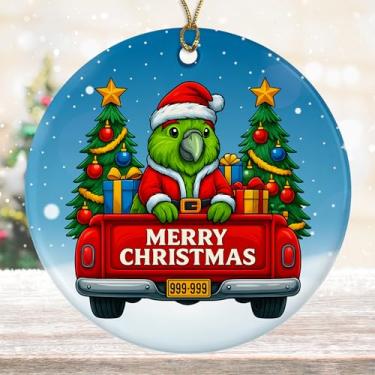 Imagem de DamienBrightGift Enfeite de Natal de Papai Noel verde Kakapo - Caminhão vermelho de cerâmica com decoração de árvore - Presente de lembrança de feriado para amantes de pássaros fofo - Decoração de