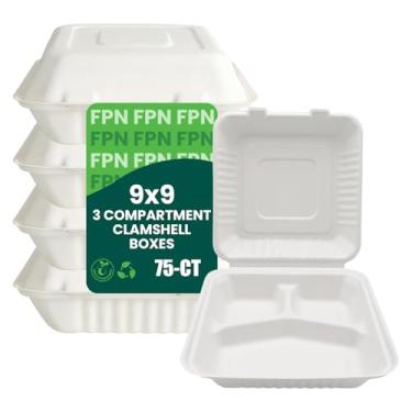 Imagem de FPN Caixas de papel com 3 compartimentos compostáveis 23 x 23 cm – Recipientes ecológicos biodegradáveis para viagem, preparo de refeições descartáveis seguros para micro-ondas e embalagem para viagem