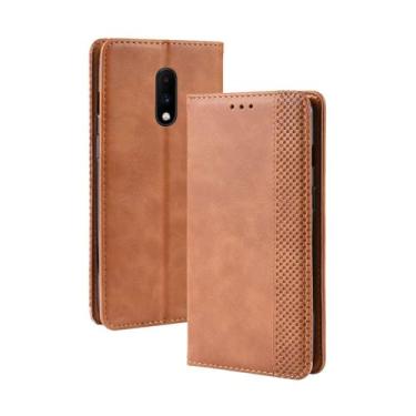 Imagem de Capa para OnePlus 7,Retro Flip magnético,Caso de telefone de couro PU,Design de carteira com 3 slots de cartão e 1 clipe de dinheiro -Brown