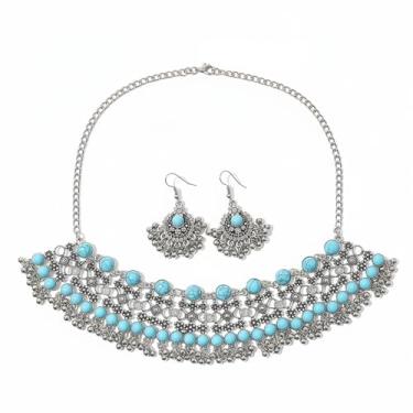 Imagem de Conjunto de joias estilo indiano antigo para mulheres com contas bola borla olho de gato tradicional oxidado étnico Bollywood fio largo gargantilha colar gancho argola brincos brincos boho noiva