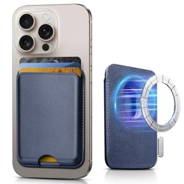 Imagem de SOUNDBYTE Carteira magnética mais forte para iPhone 16/15/14/13/12 Series e para capas MagSafe | Suporte magnético de couro com bloqueio de RFID N52 com ímãs poderosos | Comporta 3 cartões | Azul