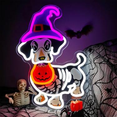 Imagem de Sinal neon de esqueleto de Halloween para decoração de parede, chapéu de bruxa, dachshund, esqueleto, letreiro de LED, estampa de Halloween, abóbora, tigela de doces, neon para janela, bar, festa de