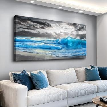Imagem de PHAOHUAXM Imagens de parede de praia obras de arte em tela grande decoração de parede para sala de estar arte de parede em tela para quarto decoração de escritório azul onda do mar pinturas do oceano