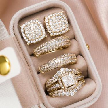 Imagem de Conjunto de brincos de argola e anéis brilhantes com zircônia cúbica de cristal para mulheres, 11, Latão, Zircônia cúbica