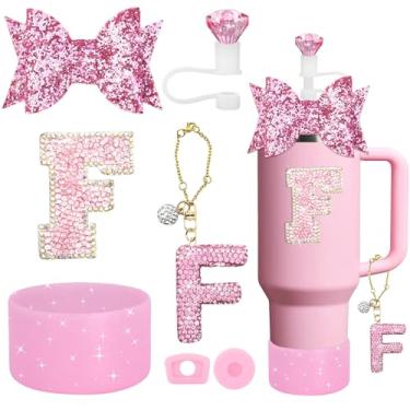 Imagem de YesMvpMvp Conjunto de acessórios de copo Stanley de 7 peças, pingente de letra para copos Stanley, incluindo canudo de diamante, canudo de laço, bota de silicone brilhante para Owala 850 g e 1,134 g