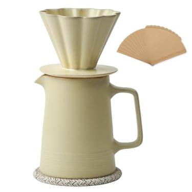Imagem de LEIJOCO Cafeteira para derramar, coador de café de cerâmica com 40 peças de filtro e porta-copos de papel V02, conjunto de filtros de café em forma de flor de 540 ml (conjunto Celadon)