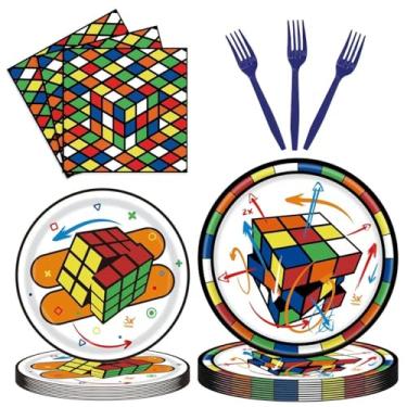 Imagem de 96 peças de suprimentos de cubo 3D, pratos de papel de festa de cubos coloridos, guardanapos e garfos, decoração de cubo mágico descartável para diversão inteligente, serve 24 convidados.