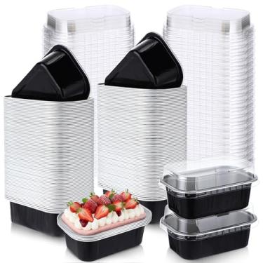 Imagem de Vesici 100 conjuntos de mini formas de pão com tampas, copos descartáveis de folha de alumínio de 162 g, formas de bolo retangulares para pudim, sobremesas, armazenamento de muffins, suprimentos de