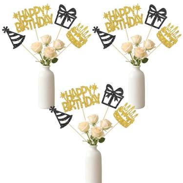 Imagem de Palitos de mesa de centro de feliz aniversário, glitter preto e dourado, artigos de mesa para festa de aniversário