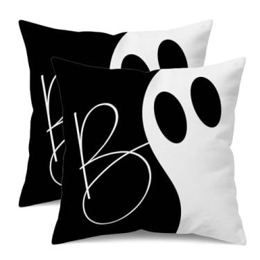Imagem de UZFNY Conjunto de 2 capas de almofada decorativas de Halloween, design "Boo" preto e branco, capas de almofada de poliéster tipo linho branco para sofá, sofá, quarto, decoração de casa 45 x 45 cm