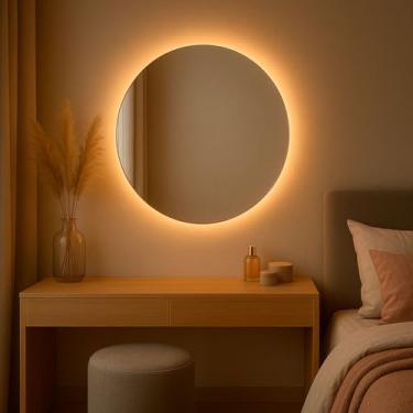 Imagem de Espelho Redondo Decorativo Grande Vidro Lapidado Com LED Banheiro Quarto Sala (50cm)