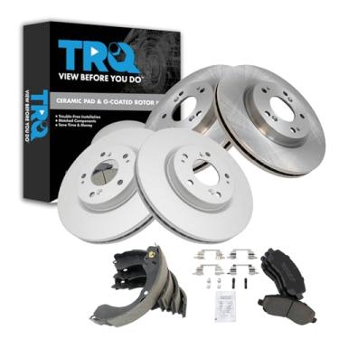 Imagem de TRQ Pastilha de freio dianteiro e traseiro e rotor, kit de sapata e tambor cerâmica revestida com G premium compatível com Chrysler Sebring 2007-2009 Dodge Avenger 2008-2017 Jeep Compass Patriot 2008