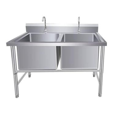 Imagem de Pia de aço inoxidável de tigela dupla, pia de cozinha independente, pia comercial/industrial, lavatório de lavagem de preparação e utilidade para lavanderia (100 x 60 x 80 cm/39,3 x 23,6 x 31,4 pol