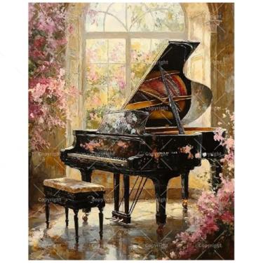Imagem de TAOPAOLAB Kit de pintura de piano de cauda por números para adultos - Piano elegante DIY com pintura floral em tela 40,6 x 50 cm, conjunto de tinta acrílica emoldurada para iniciantes, arte para