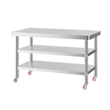 Imagem de Mesa de trabalho de cozinha de aço inoxidável com rodas, 3 prateleiras, mesa de preparação de mesa de metal para cozinha doméstica, restaurante, garagem, armazém ao ar livre (80 x 60 cm)