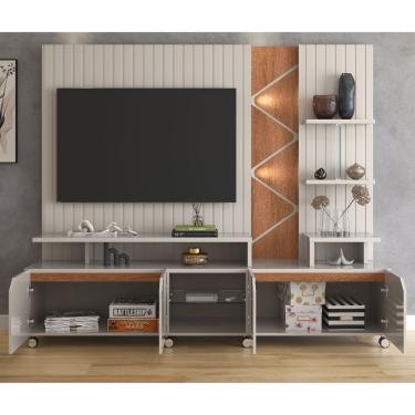 Imagem de Estante Home Cross Para Tv Até 55 Polegadas 4 Portas Prateleiras Luz Led E Rodízio Off White/jequitibá - Lukaliam