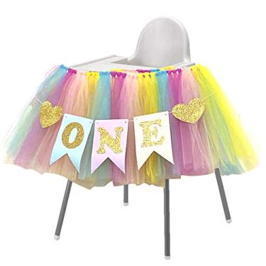 Imagem de Rainbow 1st Birthday Girls Tutu para decoração de cadeira alta de tule de cadeira alta e um unicórnio pendente feliz aniversário artigos de festa roxo turquesa rosa amarelo