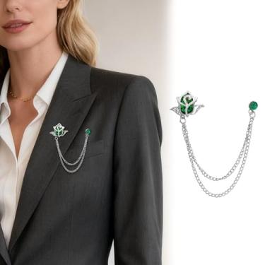 Imagem de Corrente banhada a ouro prata cristal rosa broches colar pinos strass com corrente pendurada terno camisa broche lapela broche jóias moda para homens mulheres, Medium, Cristal, Cristal