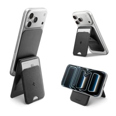 Imagem de Spigen Porta-cartão magnético Slim Fold (MagFit) projetado para MagSafe e Pixelsnap com suporte de tripé compatível com iPhone 16/15/14/13/12 Pixel 10 Series - Preto (1 cartão)