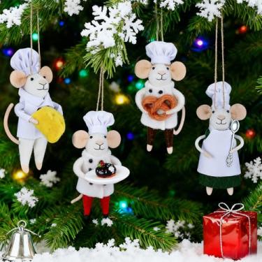 Imagem de Watereem Conjunto de 4 enfeites de rato de feltro de Natal, mini chef e garçom para pendurar guirlanda de árvore de Natal, decoração de mesa de Natal de lã, artesanato com animais para presente de