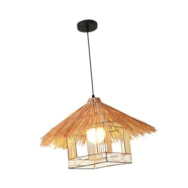 Imagem de Fenteer Luminária pendente de vime, luminária de teto tecida à mão, lustre para quarto
