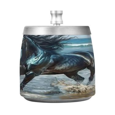 Imagem de SEHANY Cinzeiro majestoso para cavalos de corrida com tampa para cigarro, à prova de vento, sem fumaça, aço inoxidável, cinzeiro para uso interno, externo, grande, inodoro, para fumantes, decoração de
