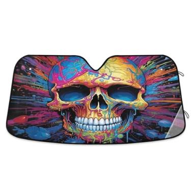 Imagem de ATTX Para-brisa de carro crânio colorido 139.7 cm x 70.1 cm escudo solar universal com proteção UV, persiana de janela frontal automática dobrável para caminhões Sedans SUVs #375