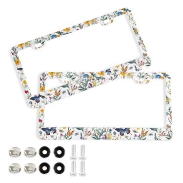Imagem de SEHANY Molduras de placa de licença de flores florais coloridas, capas de moldura de placa de carro de alumínio à prova de ferrugem com orifícios elípticos e parafusos serve para veículos padrão dos