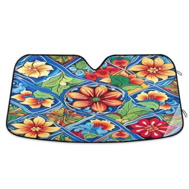 Imagem de ATTX Para-brisa de carro com azulejo de cerâmica mexicana 134.6 cm x 59.7 cm Escudo solar universal com proteção UV, persiana de janela frontal automática dobrável para caminhões Sedans SUVs #630