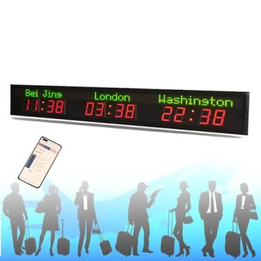 Imagem de Relógio de parede LED World - 3 cidades, relógio de parede digital de fuso horário com 5 níveis de ajuste de brilho cidades personalizadas alumínio para hotel multinacional corporação