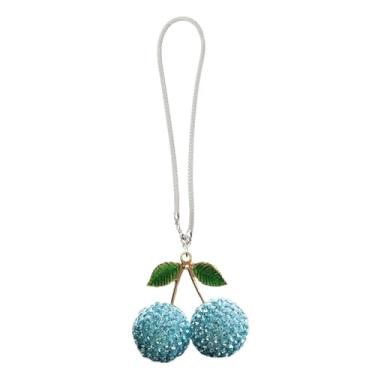 Imagem de Pingente de espelho retrovisor de cereja com strass brilhante, enfeite para pendurar no carro, decoração de interiores para mulheres, pingente de cristal para carro (azul)